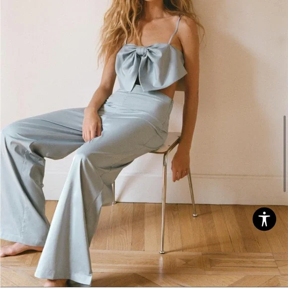 Matching Pale blue satin like bow crop top and pants